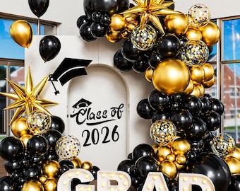 Black Gold Balloon Arch Kit 130pcs Graduation Party Decor 2026 Star Foil Confetti Balloons for College High School Celebration