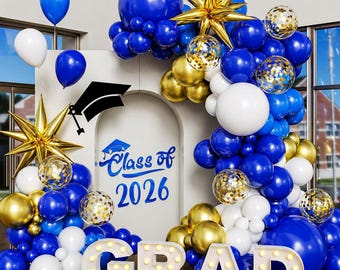Blue White Gold Balloon Arch Kit 130pcs Graduation Party Decor 2026 Star Foil Confetti Balloons for College High School Celebration
