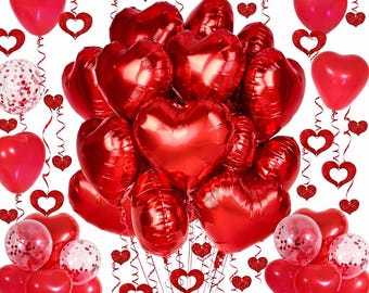 Red Heart Balloon Decoration Set – 30 Heart Balloons with 50 Hanging Streamers for Valentine Proposal Wedding Decor