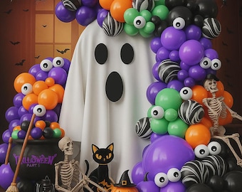 Halloween Balloon Arch Kit – Black Orange Purple Green Balloons with Eyeball and Marble Tie-Dye Balloons for Spooky Party Decor