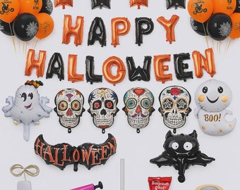 Halloween Balloon Decoration Set Black Orange Balloons Banner with Ghost Bat Monster and Skull Foil Balloons for Party Decor