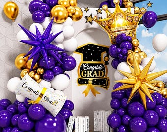 135 Pcs Graduation Balloon Arch Kit, Purple Gold White Garland with Starburst, Certificate and Crown Foil Balloons