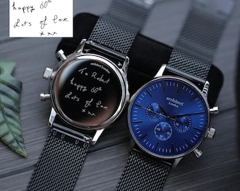 Uhr mit Gravur für Ehemann - Personalisierte Handschriftuhr - Jubiläumsgeschenk für Ihn - Blaues Zifferblatt Chronograph