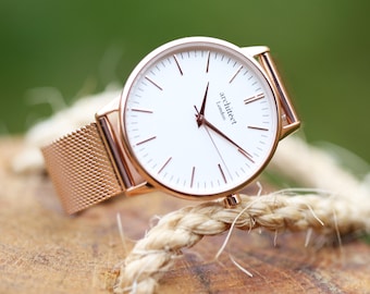 Personalisierte Damenuhr - Geschenk für sie mit Gravur | Rose Gold oder Silber Minimalistische Uhr