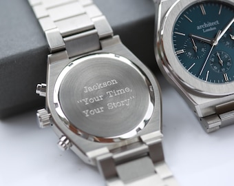 Personalized Mens Blue Chronograph Watch, Engraved Stainless Steel Watch for Him, Anniversary Gift for Husband