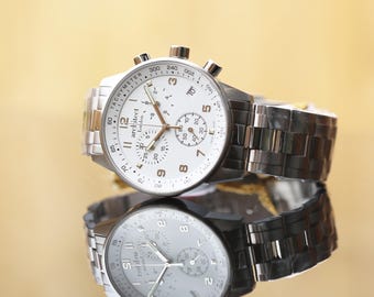 Swiss Mens Engraved Chronograph Watch, Stainless Steel Custom Watch, Anniversary Gift for Husband