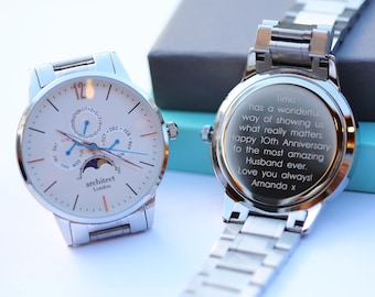 Engraved Watch for Husband – Personalized Handwriting Watch – Anniversary Gift for Him – Engraved Mens Watch, Moonphase Watch