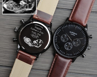 Personalized Mens Chronograph Watch, Engraved Black Dial Watch, Leather Strap Gift for Him
