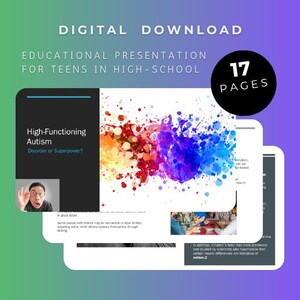 Könnte beinhalten: Bildungspräsentation zum Herunterladen für Jugendliche in der High School. Die Präsentation behandelt hochfunktionalen Autismus mit der Frage „Störung oder Superkraft?“ Die Präsentation hat 17 Seiten und zeigt farbenfrohe abstrakte Kunst.