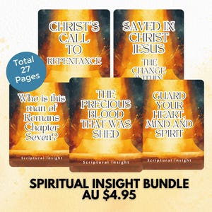 Puede incluir: Un conjunto de seis tarjetas con temas espirituales. Cada tarjeta tiene un título único en texto blanco sobre un fondo naranja y amarillo vibrante. El conjunto está etiquetado como "Spiritual Insight Bundle" con un total de 27 páginas.