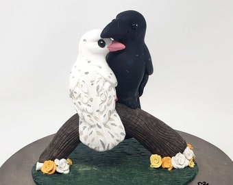 Dove and Raven Cake Topper - Love Birds Wedding Figurine - Cuddling Birds on a Branch - Pick Your Colors and Flowers