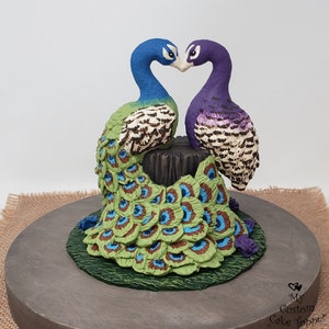 Peacock Cake Topper Peacocks Forming a Heart Wedding Figurine Stump Anniversary Sculpture Engagement Gift image 1