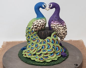 Peacock Cake Topper - Peacocks Forming a Heart Wedding Figurine - Stump - Anniversary Sculpture - Engagement Gift