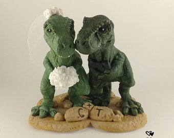 T-Rex Dinosaur Wedding Cake Topper - Realistic Bride and Groom T-Rex