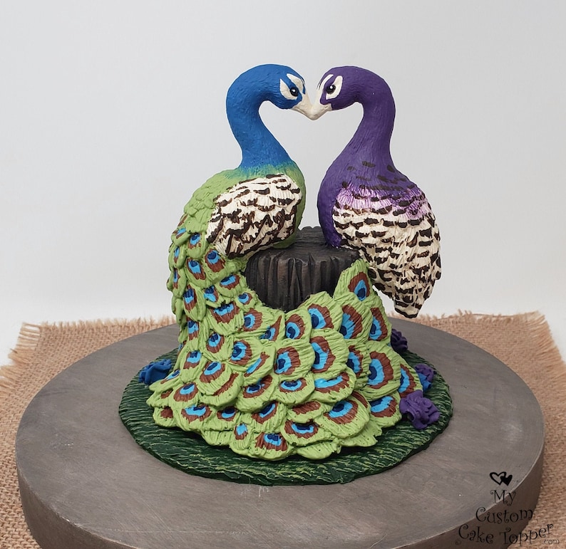 Peacock Cake Topper Peacocks Forming a Heart Wedding Figurine Stump Anniversary Sculpture Engagement Gift image 1