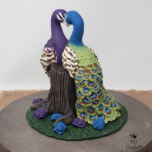 Peacock Cake Topper Peacocks Forming a Heart Wedding Figurine Stump Anniversary Sculpture Engagement Gift image 5