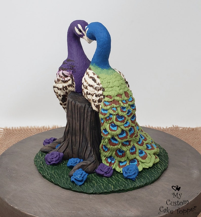 Peacock Cake Topper Peacocks Forming a Heart Wedding Figurine Stump Anniversary Sculpture Engagement Gift image 5