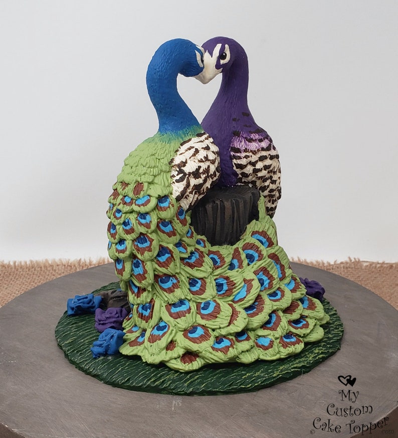 Peacock Cake Topper Peacocks Forming a Heart Wedding Figurine Stump Anniversary Sculpture Engagement Gift image 6