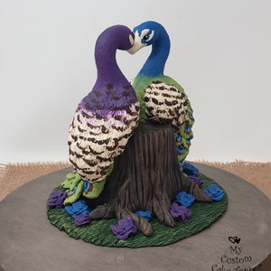 Peacock Cake Topper Peacocks Forming a Heart Wedding Figurine Stump Anniversary Sculpture Engagement Gift image 3