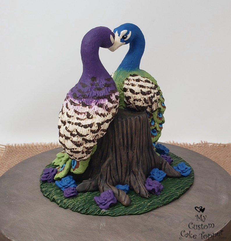 Peacock Cake Topper Peacocks Forming a Heart Wedding Figurine Stump Anniversary Sculpture Engagement Gift image 3