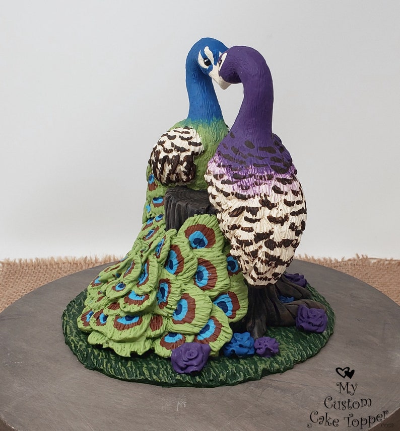 Peacock Cake Topper Peacocks Forming a Heart Wedding Figurine Stump Anniversary Sculpture Engagement Gift image 2