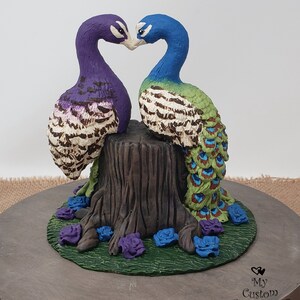 Peacock Cake Topper Peacocks Forming a Heart Wedding Figurine Stump Anniversary Sculpture Engagement Gift image 4