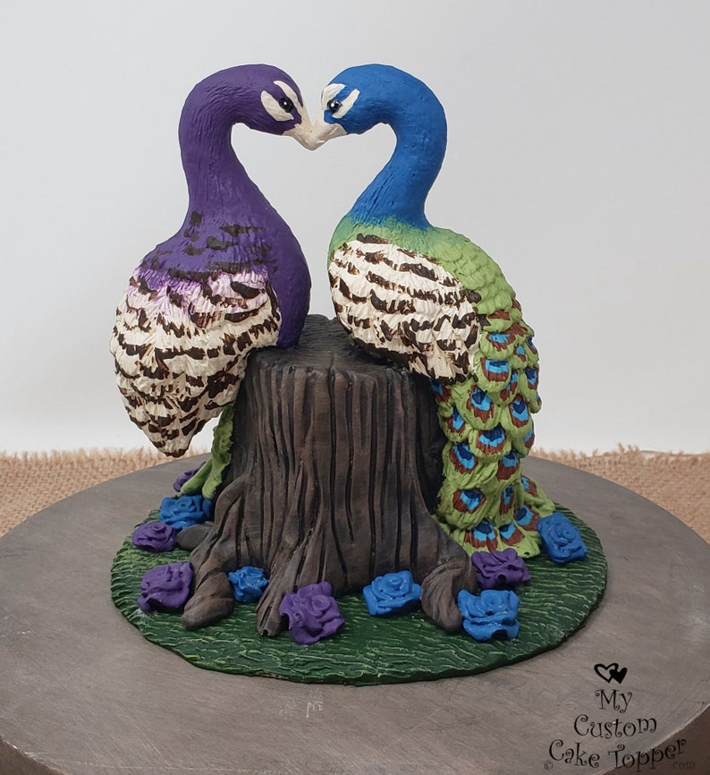 Peacock Cake Topper Peacocks Forming a Heart Wedding Figurine Stump Anniversary Sculpture Engagement Gift image 4