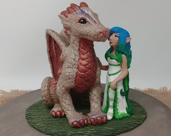 Dragon and Fairy Wedding Cake Topper - Realistic Fantasy Bride and Groom