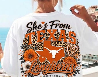 Texas Longhorns PNG, Spieltags-Sublimationsdesign mit Blumen und Leopardenmotiv (Digitaler Download)