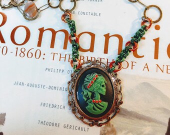 Orange and Green Zombie Lolita, Day of the Dead, 40x30 resin cameo, antiqued brass necklace, chainmail chain maille
