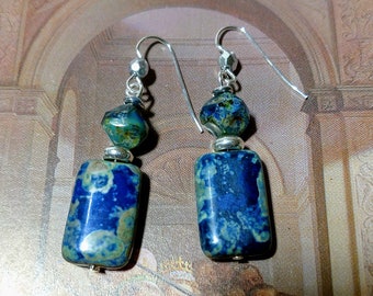 Lapis Blue and Green Picasso Czech glass bead silver earrings dangle