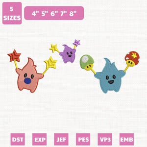Könnte beinhalten: Gestickte Designs mit Cartoon-Charakteren in Rosa, Lila und Blau, die jeweils Sterne oder Pilze halten. Die Designs sind in 5 Größen erhältlich, von 10,16 cm bis 20,32 cm. Das Bild zeigt auch verschiedene Dateiformate: DST, EXP, JEF, PES, VP3 und EMB.