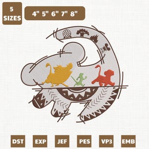 May include: An embroidered design featuring a lion's head outline with characters and icons. The design includes the text "5 SIZES" and measurements from 4" to 8". The design also includes the file types DST, EXP, JEF, PES, VP3, and EMB.
