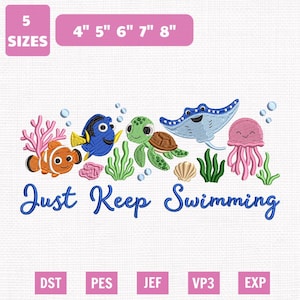 ディズニー「Just Keep Swimming」ファインディング・ニモのミシン刺繍ファイル、マジックキングダムデザイン（即時ダウンロード）