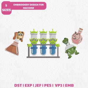May include: Embroidery design featuring cartoon characters, including a dog in a flask, three green aliens in test tubes, a green dinosaur, and a pig in a flask. The design includes the text "EMBROIDERY DESIGN FOR MACHINE" and "5 SIZES".