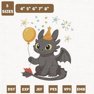 May include: An embroidered design featuring a cartoon dragon with a party hat and a balloon. The dragon is black with yellow eyes and holding a gold balloon. The design includes text indicating sizes from 4" to 8" and file types.