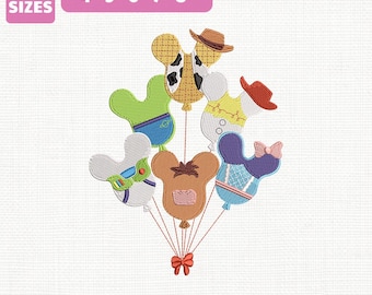 File per ricamo a macchina con i personaggi di Toy Story 5 e i palloncini, ideale per una gita in famiglia a Disneyland (download immediato)