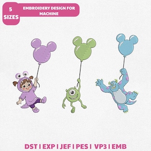 Puede incluir: Diseño de bordado con tres personajes de dibujos animados sosteniendo globos con forma de Mickey Mouse. Los personajes son Boo con un disfraz morado, Mike Wazowski y Sully. El diseño incluye el texto "EMBROIDERY DESIGN FOR MACHINE" y "5 SIZES".