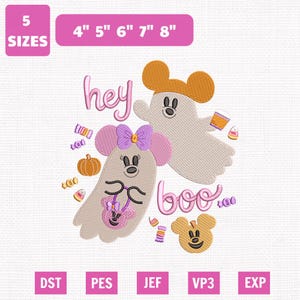 May include: Machine embroidery design featuring two ghost characters with mouse ears, one wearing a purple bow and holding a small bag. The text reads hey boo. Includes candy, a pumpkin, and five sizes: 4", 5", 6", 7", 8". File formats: DST, PES, JEF, VP3, EXP.