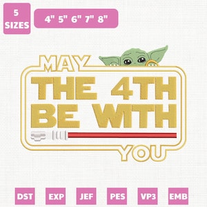 以下が含まれることがあります： 金色の「MAY THE 4TH BE WITH YOU」の文字と緑色のキャラクターが描かれた刺繍デザイン。赤い線が含まれており、10.16 cmから20.32 cmまでの5つのサイズがあります。