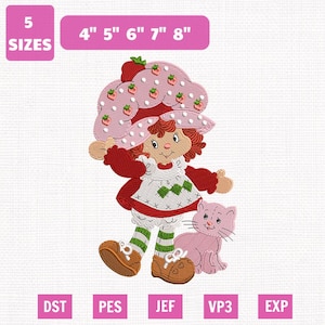 May include: An embroidery design featuring a girl with red hair wearing a large pink strawberry-patterned hat, a red dress with a white apron, and green striped stockings, accompanied by a pink cat. Text includes 5 SIZES and 4" 5" 6" 7" 8".