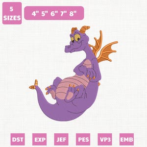 May include: A purple dragon embroidery design with orange wings and accents. The design includes the text "5 SIZES" and size options of 4", 5", 6", 7", and 8". The design also includes file type abbreviations: DST, EXP, JEF, PES, VP3, and EMB.