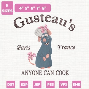 Könnte beinhalten: Ein Stickdesign mit einem Cartoon-Rattenkoch, der eine Kochmütze trägt und eine rosa Schleife hält. Das Design enthält den Text "Gusteau's", "Paris", "France" und "ANYONE CAN COOK". Das Design ist in 5 Größen von 10 cm bis 20 cm erhältlich.