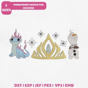 May include: Embroidery design featuring characters and symbols from a popular animated film. The design includes a blue lizard with pink flames, a gold crown with a blue gem, and a smiling snowman. The text "EMBROIDERY DESIGN FOR MACHINE" is included.