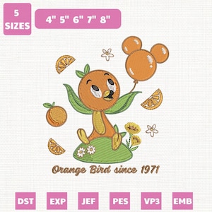 Può includere: Un disegno ricamato con l'Orange Bird che tiene in mano palloncini arancioni, con fette d'arancia e fiori. Il testo recita "Orange Bird since 1971." Disponibile in 5 misure: 10,16 cm, 12,7 cm, 15,24 cm, 17,78 cm e 20,32 cm.