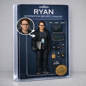 May include: A novelty figurine of an information security analyst named Ryan, packaged in a clear plastic case. The figure is wearing glasses, a black hoodie, and holding a laptop. The package includes mini accessories like a laptop, headphones, and locks.