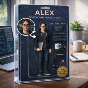 May include: A novelty action figure of a software developer named Alex, packaged in a clear plastic case. The figure is wearing glasses, a hoodie, jeans, and sneakers, holding a laptop. The packaging includes the words "CODE", "DEBUG", "DEPLOY", and "MINI ACCESSORIES INCLUDED".