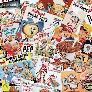 Op de afbeelding: Een collage van vintage Kellogg's ontbijtgranen dozen en advertenties. De afbeelding toont iconische personages zoals Tony de Tijger, Snap, Crackle en Pop, en verschillende ontwerpen van ontbijtgranen dozen, waaronder Frosted Flakes en Sugar Pops. Het kleurenschema is levendig en nostalgisch.