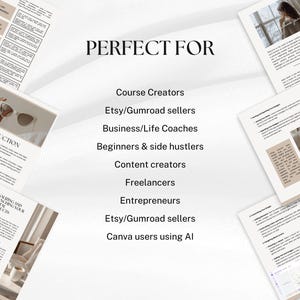 May include: An image with the text "PERFECT FOR" and a list of target audiences, including Course Creators, Etsy sellers, and Content creators. Several pages with text and images are scattered around the central text.
