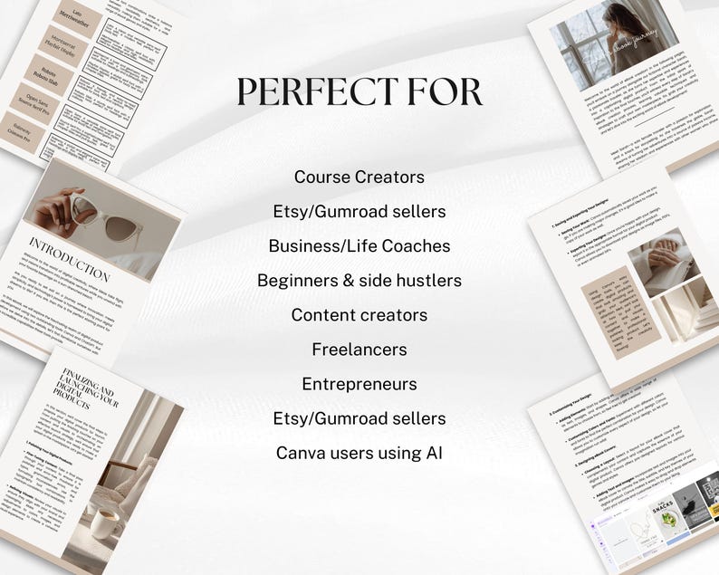 May include: An image with the text "PERFECT FOR" and a list of target audiences, including Course Creators, Etsy sellers, and Content creators. Several pages with text and images are scattered around the central text.